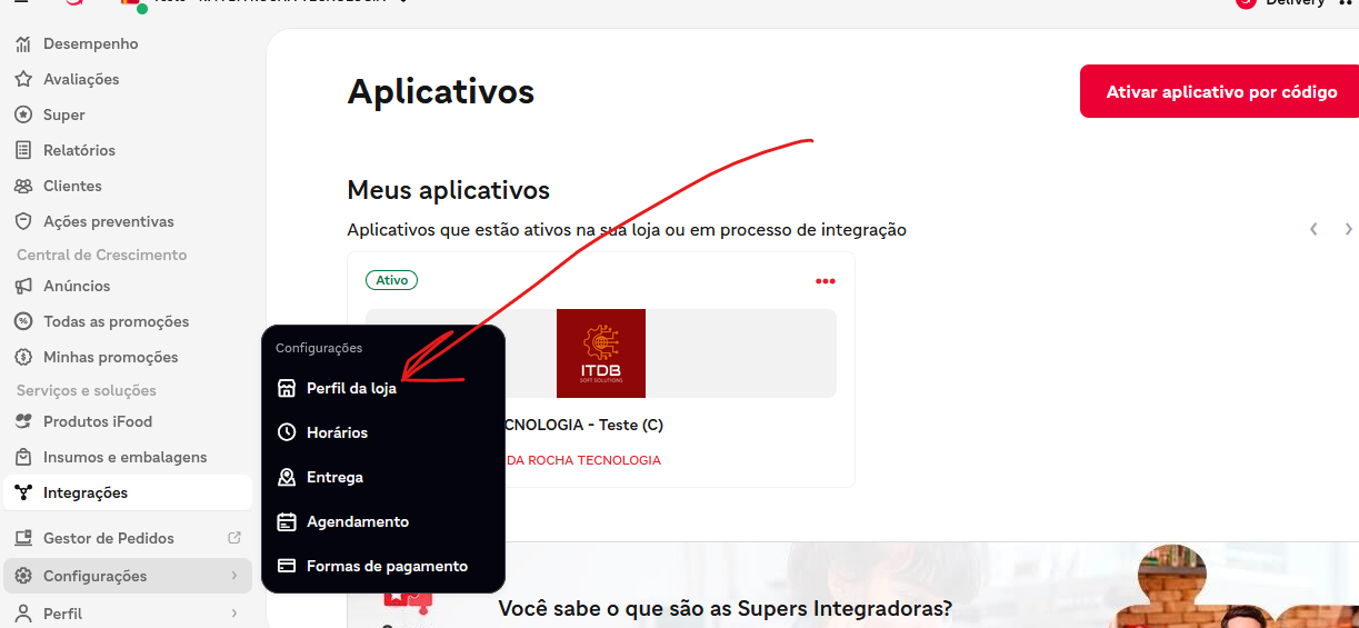 Menu Integrações no portal iFood