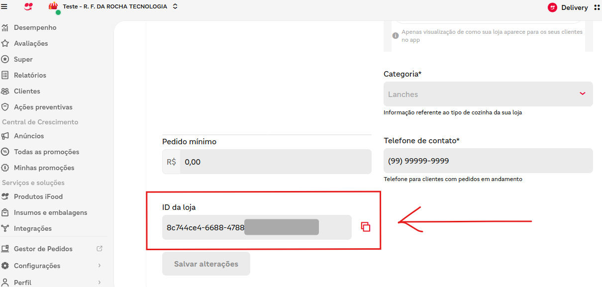 Campo ID da loja no portal iFood